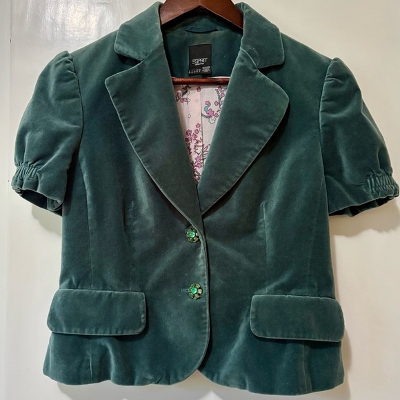 Esprit| Gorgeous Green Velvet Feminine Peplum Blazer w/ Short Puff Sleeves Sz 6 - Picture 1 of 4